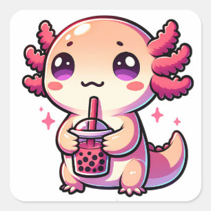 Cute Kawaii Axolotl with Bubble Tea Square Sticker