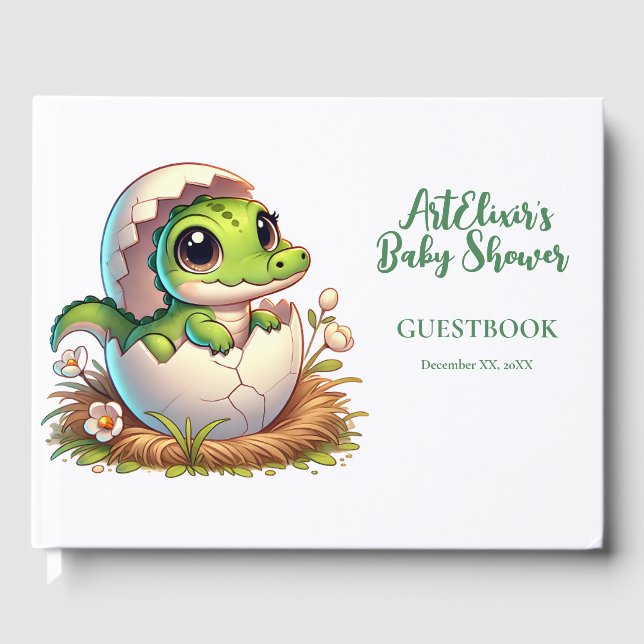 Cute Kawaii Baby Alligator Hatching Baby Shower  Guest Book (Front)