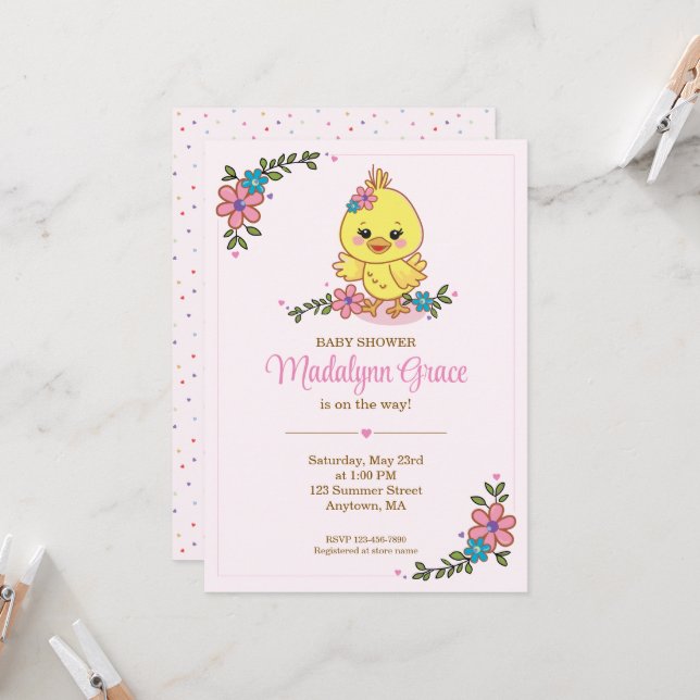 Cute Kawaii Baby Chick Baby Shower Invitation Pink (Front/Back In Situ)