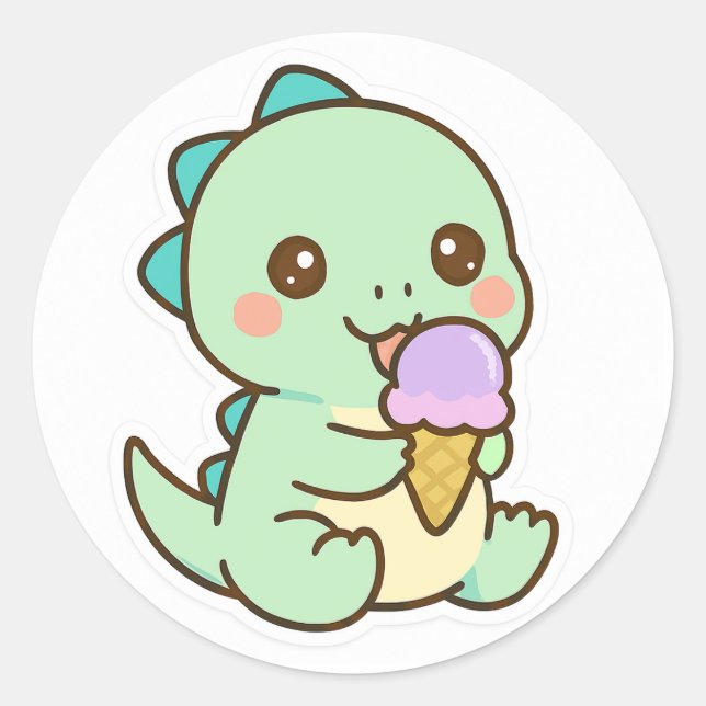 Cute Kawaii Baby Dinosaur Eating Ice Cream Sticker (Front)