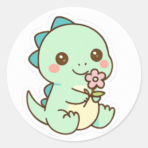 Cute Kawaii Baby Dinosaur with Flower Sticker