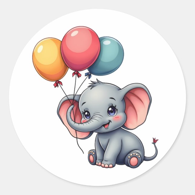 Cute Kawaii Baby Elephant with Colourful Balloons Classic Round Sticker (Front)