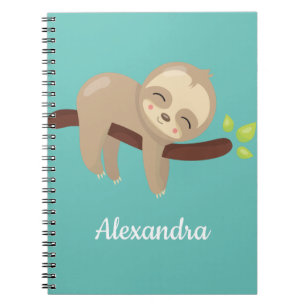 Cute Kawaii Baby Sloth In Tree on Light Teal Blue Notebook