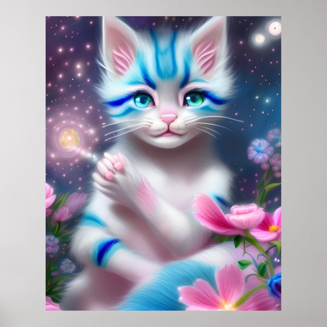 Cute Kawaii baby striped pink and blue cat kitten Poster (Front)