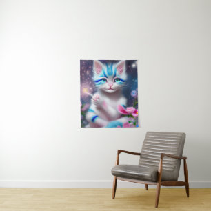 Cute Kawaii baby striped pink and blue cat kitten Tapestry