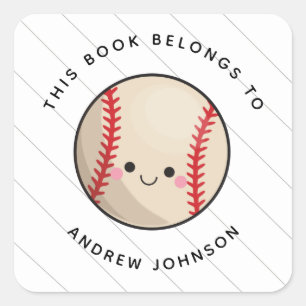 Cute Kawaii Baseball Ball Kids Name Bookplate Square Sticker