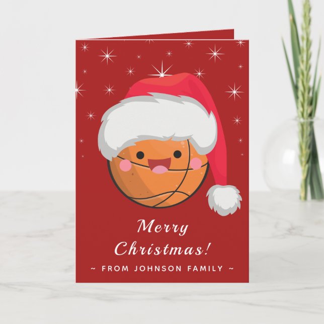 Cute Kawaii Basketball Ball Red & Sparkly Xmas Fun Card (Front)
