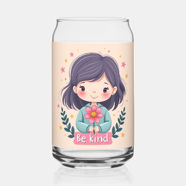 Cute Kawaii "Be Kind" Illustration Can Glass (Front)