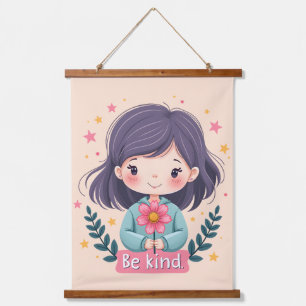 Cute Kawaii "Be Kind" Illustration Hanging Tapestry