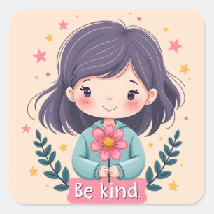 Cute Kawaii "Be Kind" Illustration Square Sticker