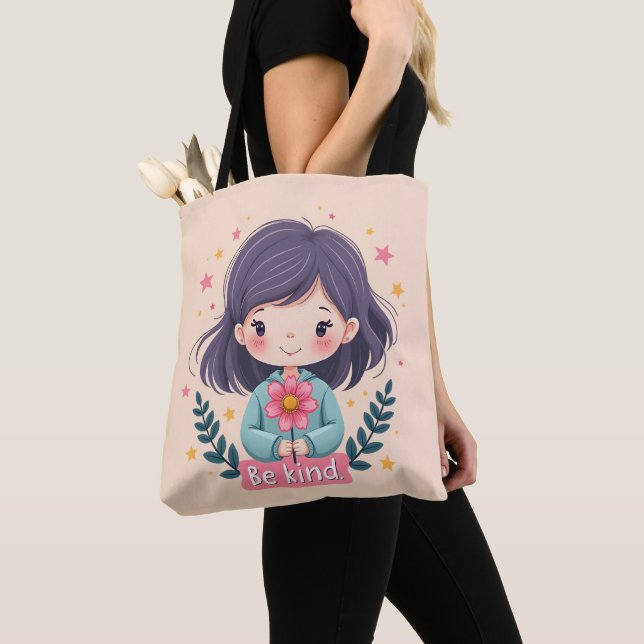 Cute Kawaii "Be Kind" Illustration Tote Bag (Close Up)
