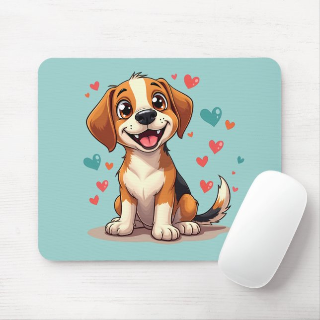 Cute Kawaii Beagle with Hearts Playful Dog Art Mouse Mat (With Mouse)