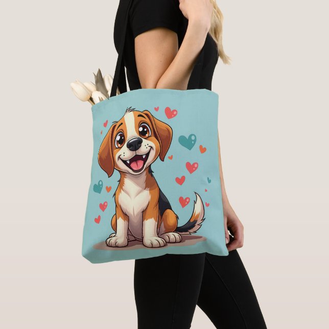 Cute Kawaii Beagle with Hearts Playful Dog Art Tote Bag (Close Up)
