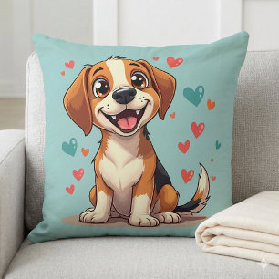 Cute Kawaii Beagle with Hearts Playful Dog Cushion