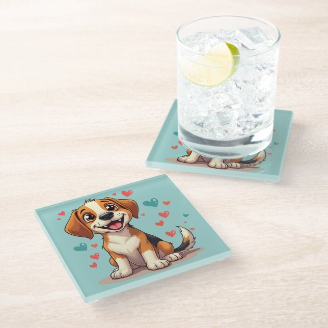 Cute Kawaii Beagle with Hearts Playful Dog Glass Coaster (Angled)