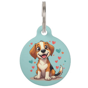 Cute Kawaii Beagle with Hearts Playful Dog Pet Tag