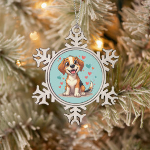 Cute Kawaii Beagle with Hearts Playful Dog Snowflake Pewter Christmas Ornament