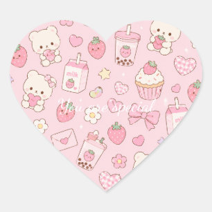 Cute Kawaii Bear Strawberry Milk Pattern Pink Heart Sticker
