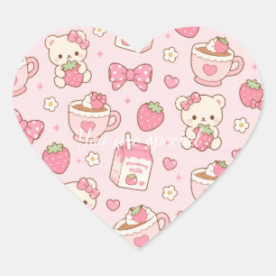 Cute Kawaii Bear Strawberry Tea Pattern Pink Heart Sticker
