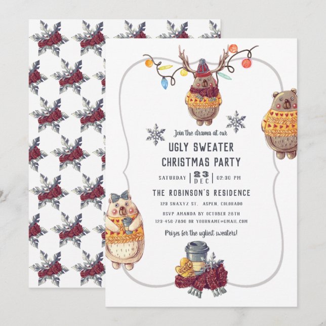 Cute Kawaii Bear Ugly Sweater Christmas Party Invitation (Front/Back)
