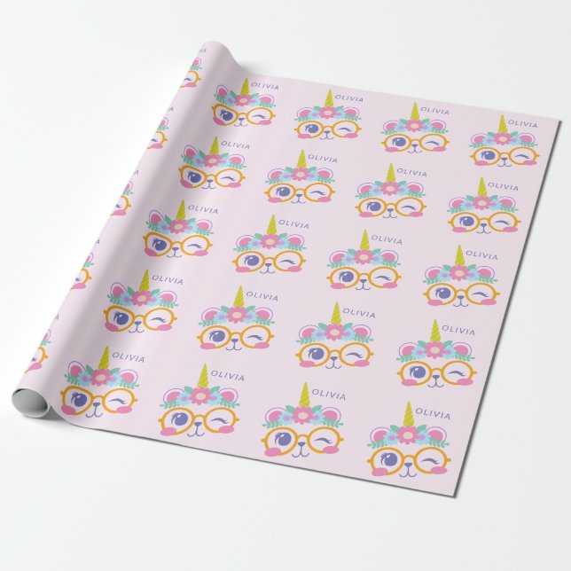 Cute Kawaii Bear Unicorn Face Pink Personalised Wrapping Paper (Unrolled)