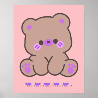 Cute Kawaii Bear with Purple Bows - Poster