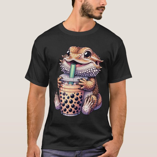 Cute Kawaii Bearded Dragon Drink Bubble Tea Milk T-Shirt (Front)