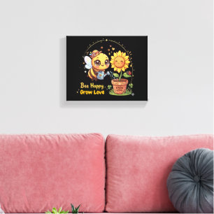 Cute Kawaii Bee Watering Sunflower Bee Happy Grow Canvas Print