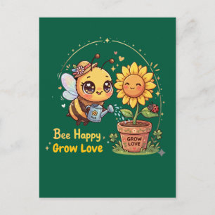 Cute Kawaii Bee Watering Sunflower Bee Happy Grow  Postcard