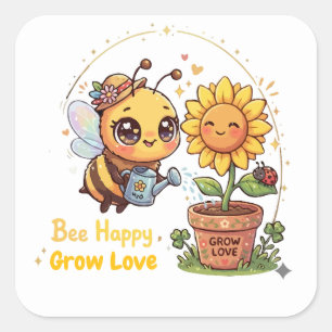 Cute Kawaii Bee Watering Sunflower Bee Happy Grow  Square Sticker