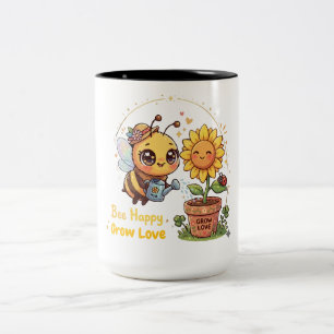 Cute Kawaii Bee Watering Sunflower Bee Happy Grow  Two-Tone Coffee Mug