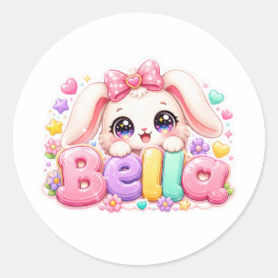 Cute Kawaii Bella Bunny Name Pastel Pink Floral Bu Classic Round Sticker
