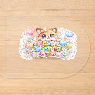 Cute Kawaii Best Wishes Cat Pastel Pink Floral Gre Acrylic Invitations