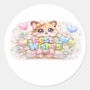 Cute Kawaii Best Wishes Cat Pastel Pink Floral Gre Classic Round Sticker