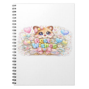 Cute Kawaii Best Wishes Cat Pastel Pink Floral Gre Notebook