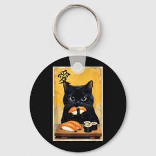 Cute Kawaii Black Cat Eating Sushi Funny Japanese Key Ring