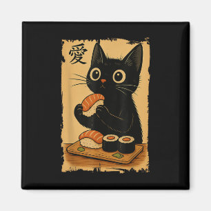 Cute Kawaii Black Cat Eating Sushi Funny Japanese Magnet
