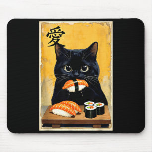 Cute Kawaii Black Cat Eating Sushi Funny Japanese Mouse Mat