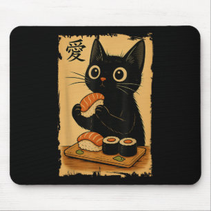 Cute Kawaii Black Cat Eating Sushi Funny Japanese  Mouse Mat