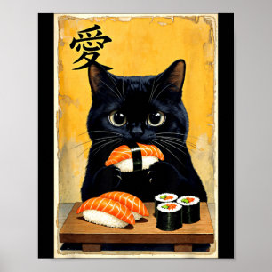 Cute Kawaii Black Cat Eating Sushi Funny Japanese Poster
