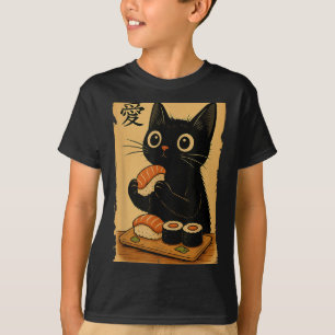 Cute Kawaii Black Cat Eating Sushi Funny Japanese  T-Shirt