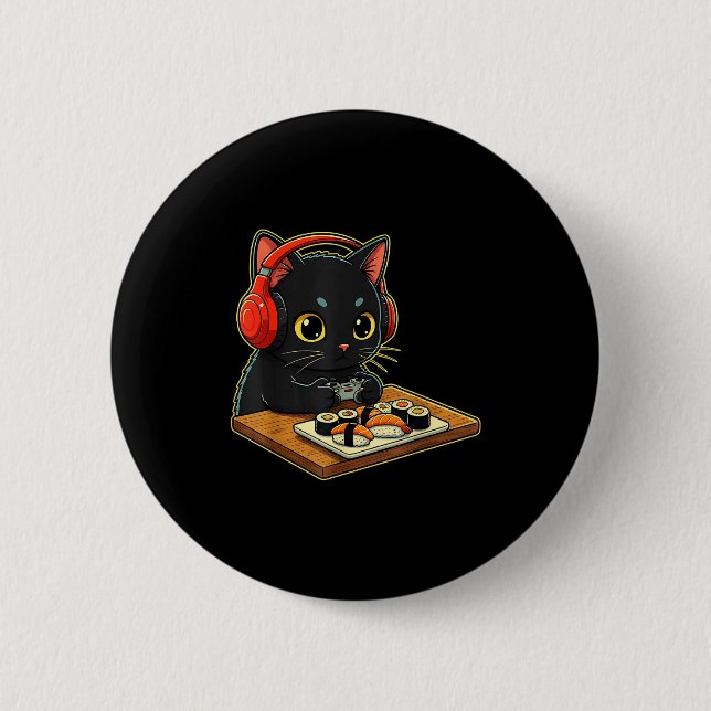 Cute Kawaii Black Cat Funny Sushi Retro Japanese C 6 Cm Round Badge (Front)
