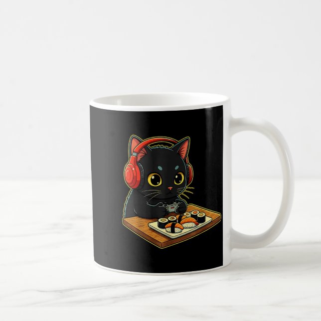 Cute Kawaii Black Cat Funny Sushi Retro Japanese C Coffee Mug (Right)