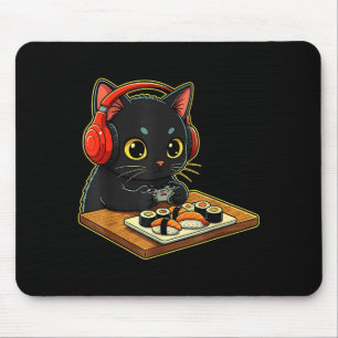 Cute Kawaii Black Cat Funny Sushi Retro Japanese C Mouse Mat