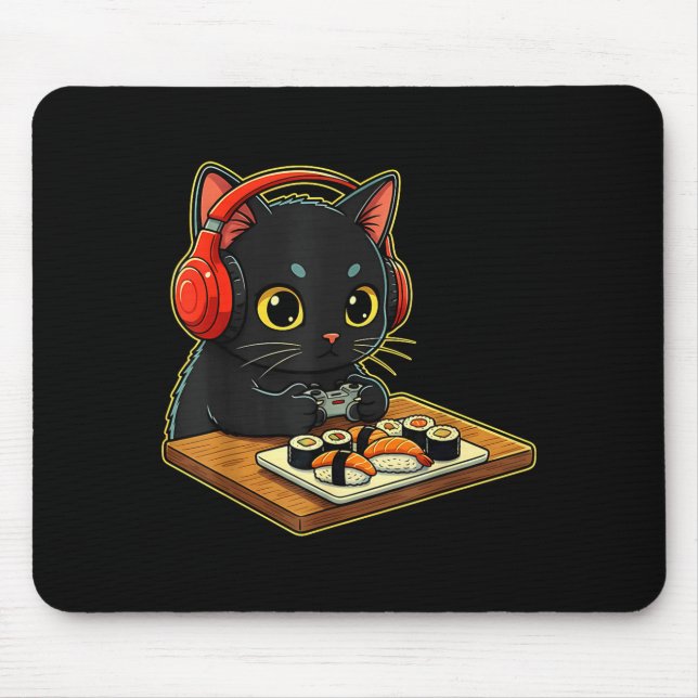 Cute Kawaii Black Cat Funny Sushi Retro Japanese C Mouse Mat (Front)