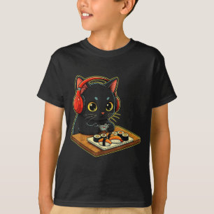 Cute Kawaii Black Cat Funny Sushi Retro Japanese C T-Shirt
