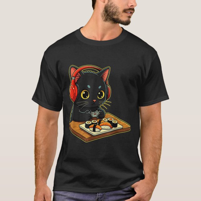 Cute Kawaii Black Cat Funny Sushi Retro Japanese C T-Shirt (Front)