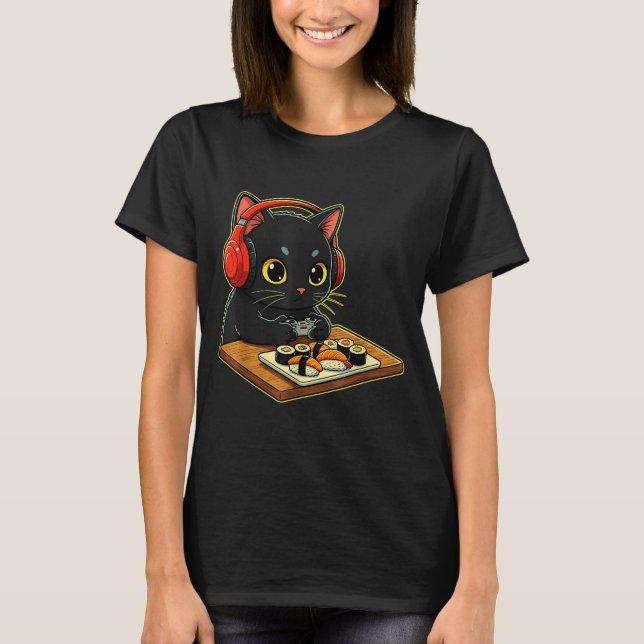Cute Kawaii Black Cat Funny Sushi Retro Japanese C T-Shirt (Front)