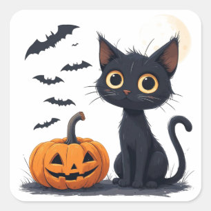 Cute Kawaii Black Cat Halloween Fun 🎃 Square Sticker
