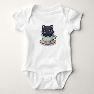 Cute Kawaii Black Cat in Vintage Teacup Baby Bodysuit